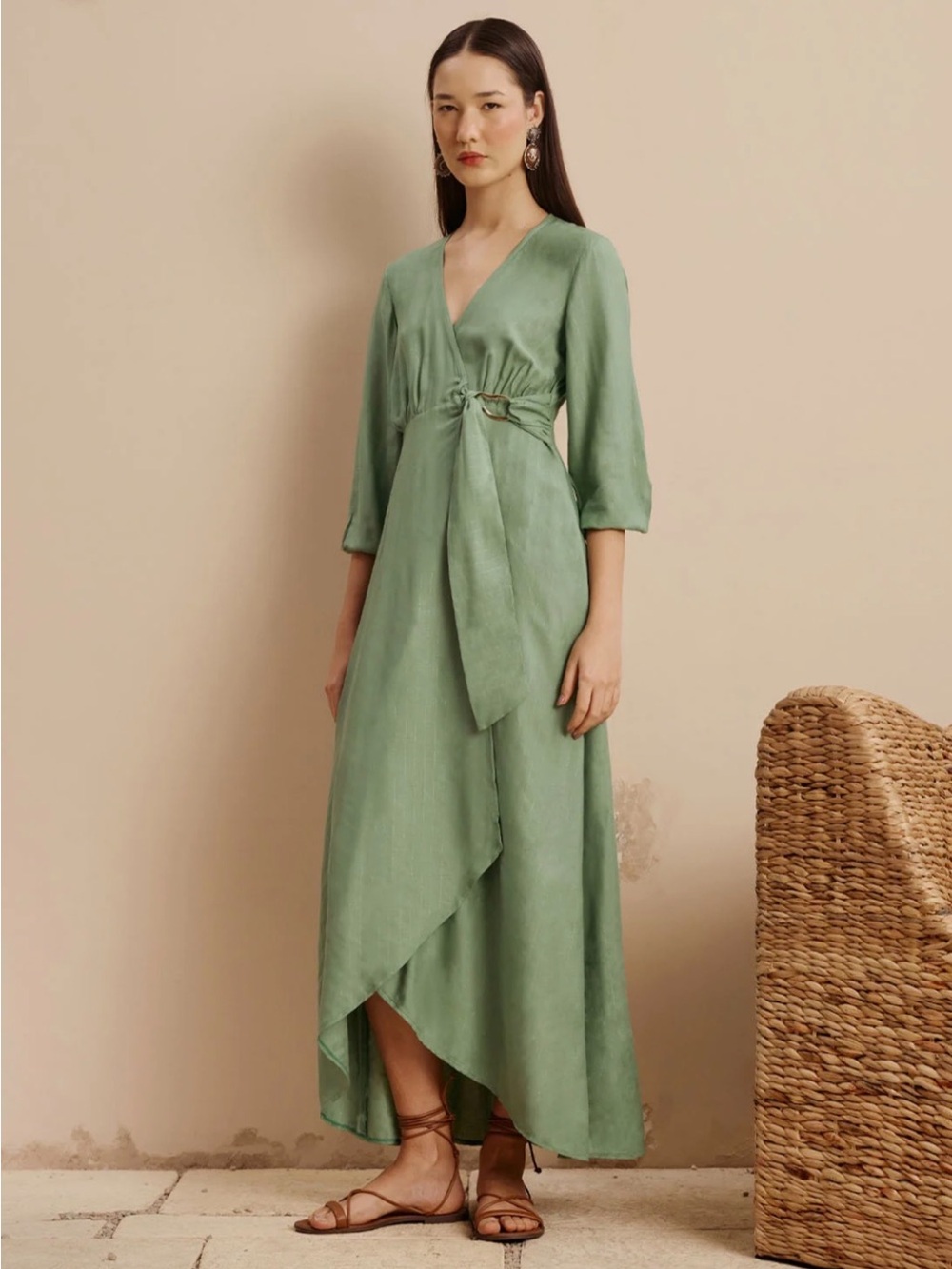 NWT Cacay $440 Green V-Neck Wrap Maxi Dress Size Small
